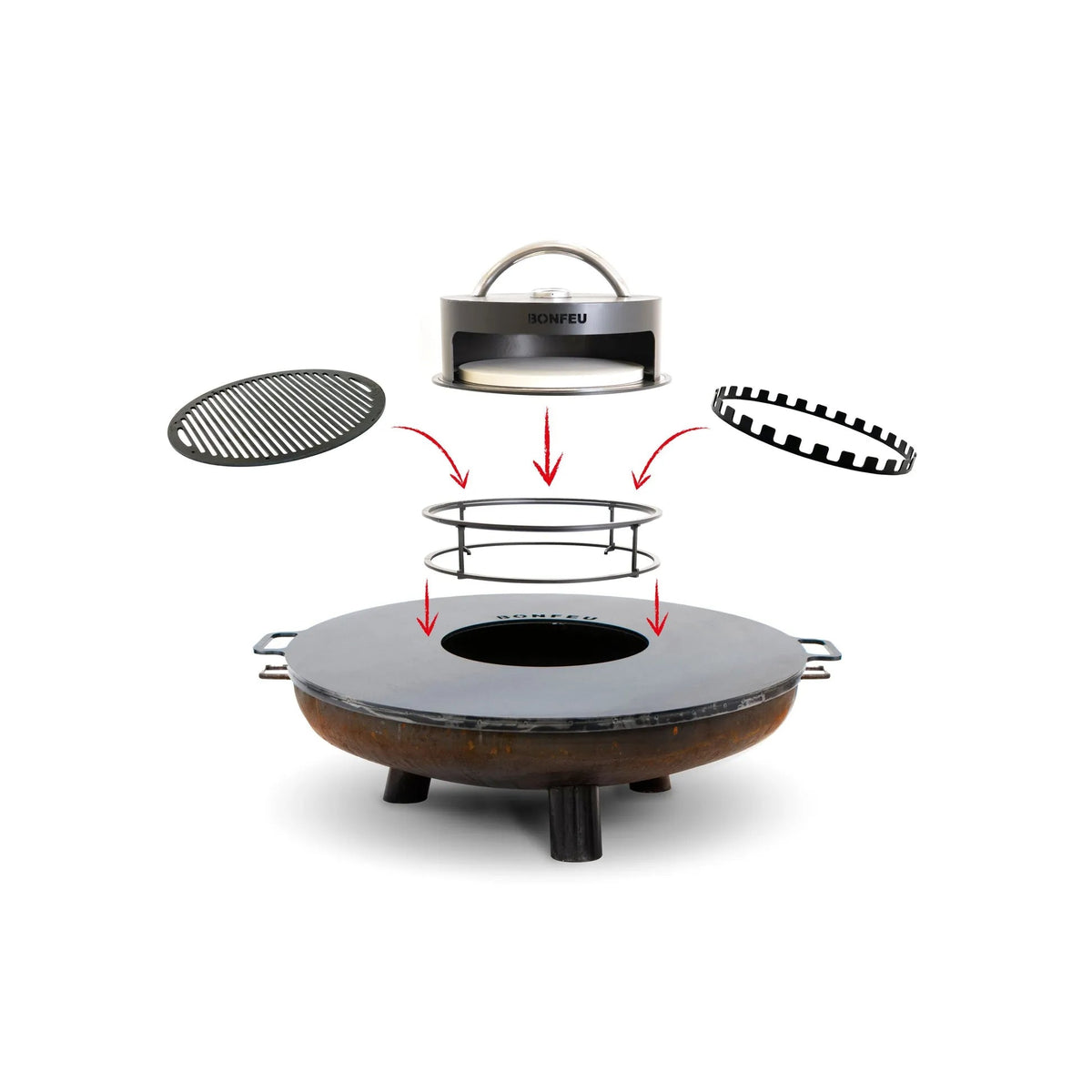 Bronze bonfeu fire pit stand with black metal grilling accessories and stainless steel lid for outdoor kitchen use