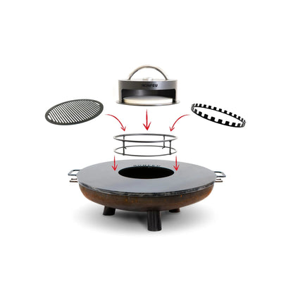 Bronze bonfeu fire pit stand with black metal grilling accessories and stainless steel lid for outdoor kitchen use