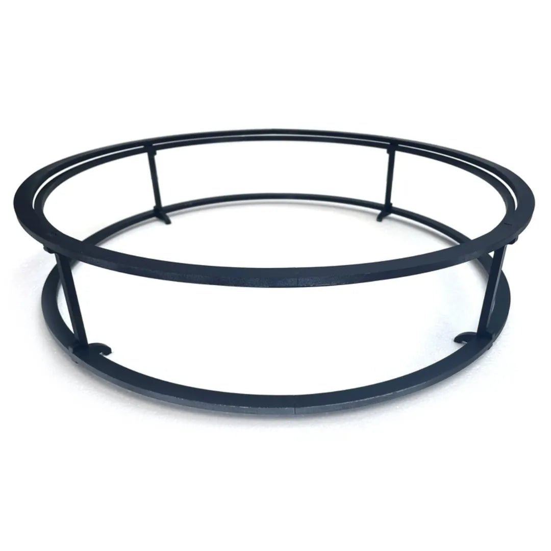 Black metal ring stand with two concentric circular frames and vertical supports for bonfeu fire pits and outdoor kitchens