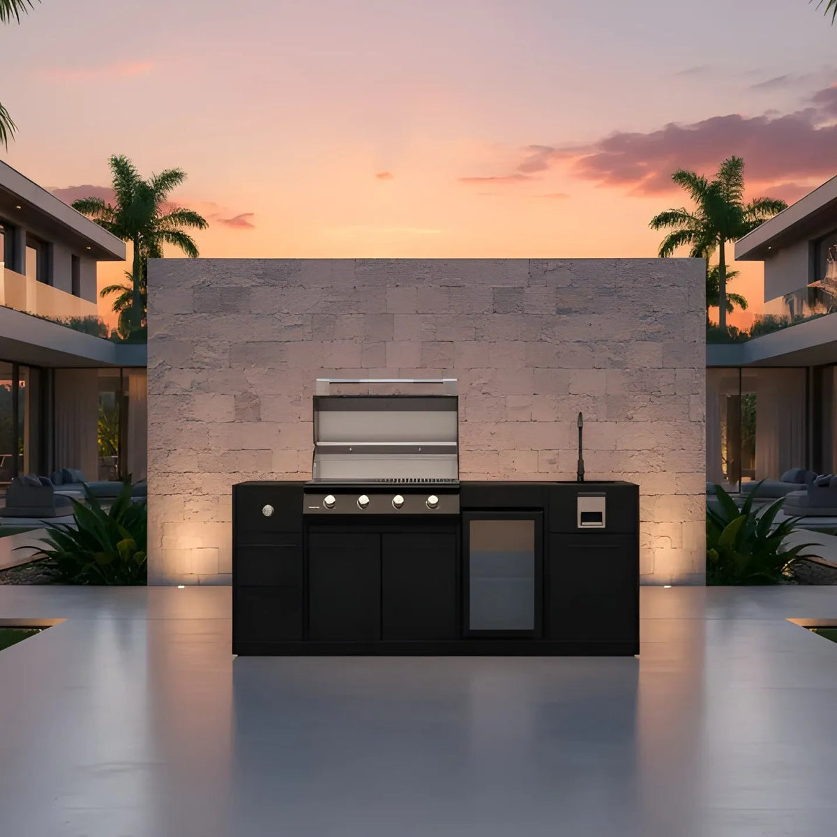 Black brabura lite maxi 4 outdoor kitchen with stainless steel sink built-in 4 burner bbq fridge and side burner