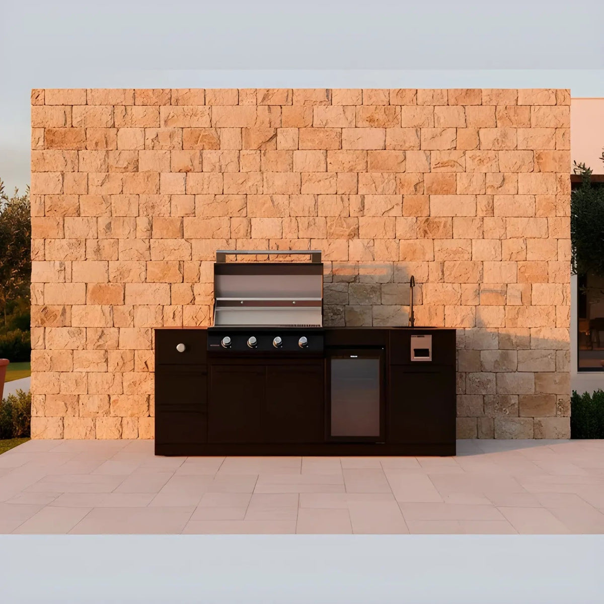 Brabura lite maxi 4 outdoor kitchen with black grill, stainless steel lid, control knobs, fridge, and sleek modern design