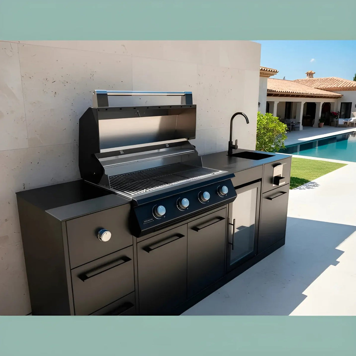 Black stainless steel Brabura Lite Maxi 4 built-in gas grill with sleek design and four control knobs for outdoor kitchen