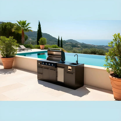 Black stainless steel brabura lite maxi 4 outdoor kitchen with 4 burner bbq sink fridge and side burner