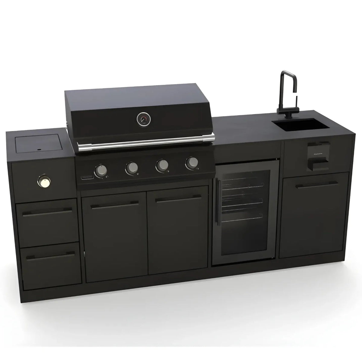 Brabura lite maxi 4 outdoor kitchen in black with built-in 4 burner grill sink fridge and side burner
