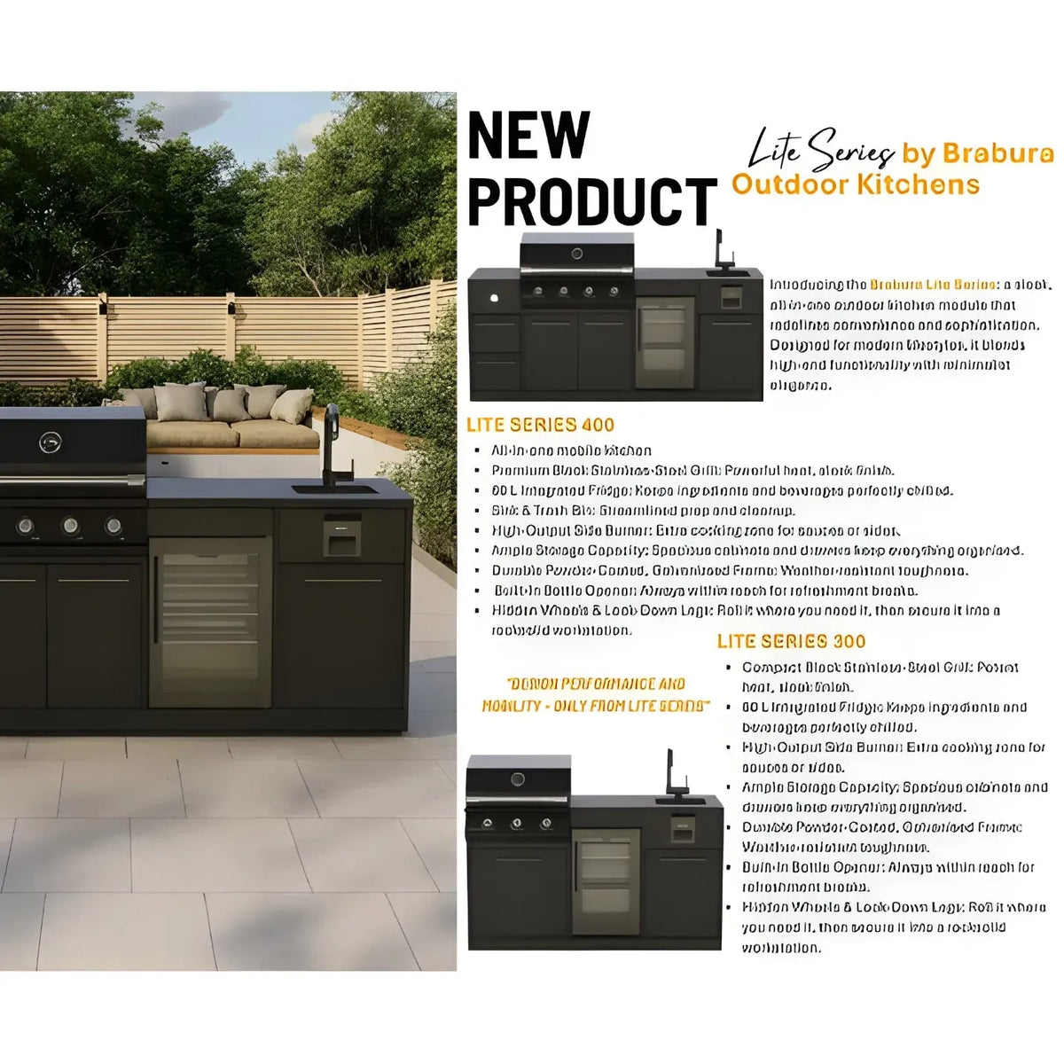 Brabura lite maxi 4 outdoor kitchen in black stainless steel with built-in 4 burner bbq and integrated sink