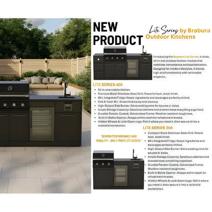 Brabura lite maxi 4 outdoor kitchen in black stainless steel with built-in 4 burner bbq and integrated sink