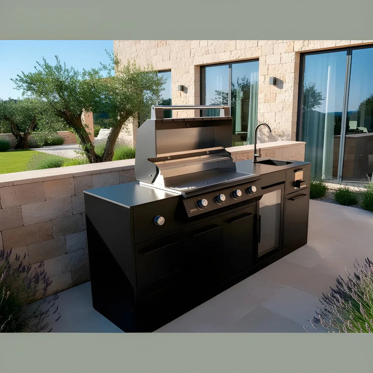 Black stainless steel brabura lite maxi 4 outdoor kitchen with 4 burner built-in bbq sink fridge and side burner