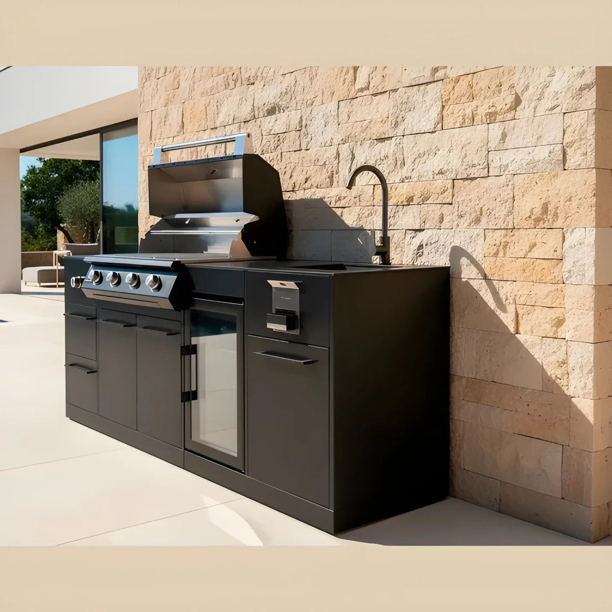 Modern black brabura lite maxi 4 outdoor kitchen with stainless steel 4 burner bbq grill sink fridge and side burner