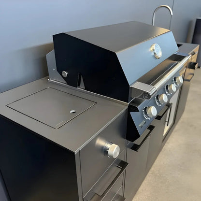 Brabura Lite Maxi 4 outdoor kitchen with stainless steel 4 burner gas grill black accents and white knobs