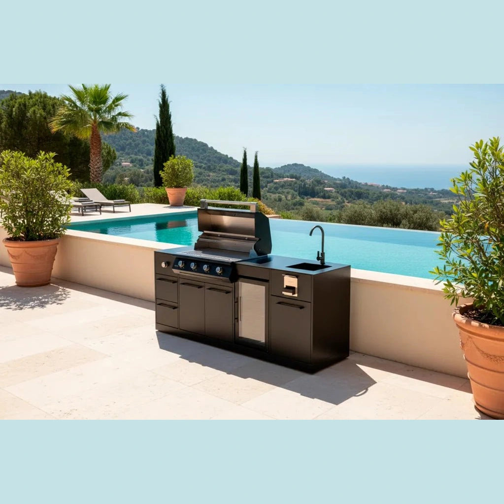Brabura Lite Maxi 4 Outdoor Kitchen with 4 Burner Built - in BBQ, Sink, Fridge and Side Burner | BKC0033 - Outdoor Kitchens