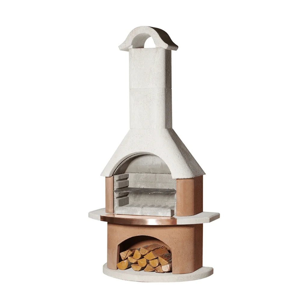 Buschbeck Bologna masonry barbecue white and copper outdoor pizza oven with chimney grill rack and wood storage compartment