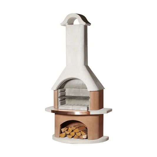 Buschbeck Bologna masonry barbecue white and copper outdoor pizza oven with chimney grill rack and wood storage compartment