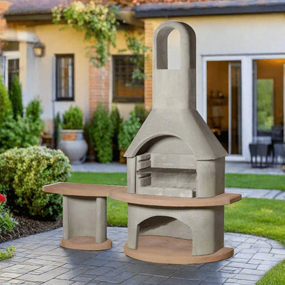 Buschbeck carmen concrete outdoor masonry barbecue grill with integrated bench arched chimney and side table