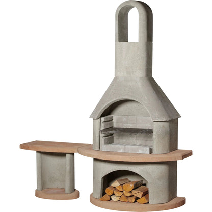 Concrete outdoor pizza oven with matching bench, arched chimney, and built-in wood storage in buschbeck carmen masonry barbecue with side table