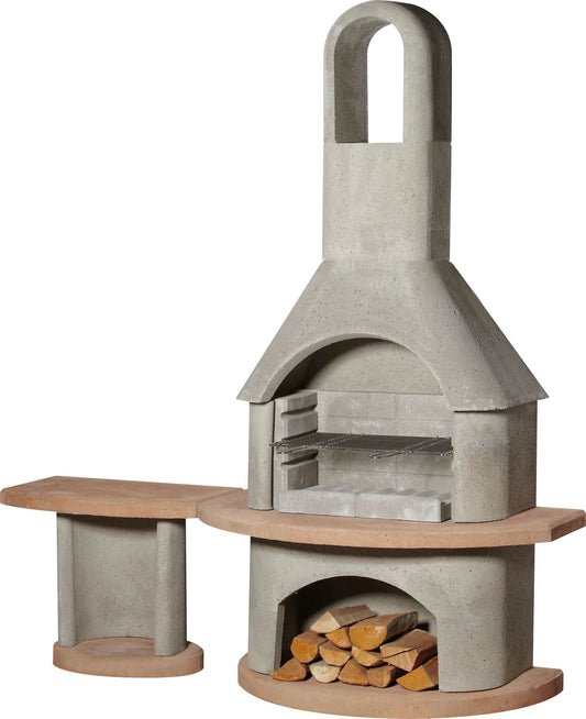 Buschbeck carmen masonry concrete barbecue with built-in bench and wooden countertops for outdoor cooking