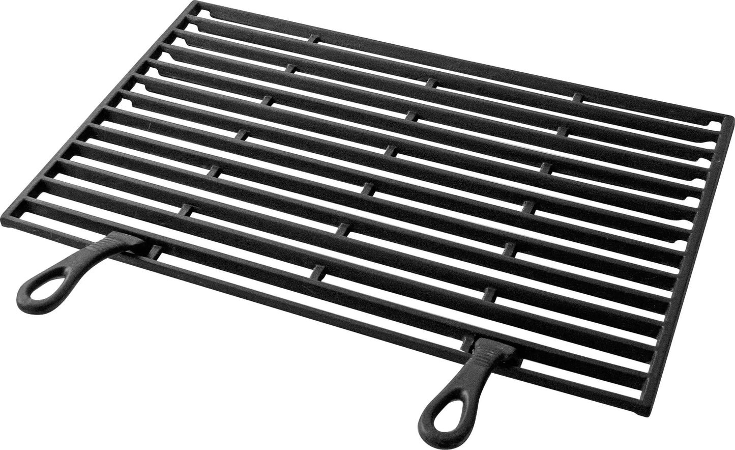 Black cast iron grill grate with two looped handles for buschbeck masonry bbqs castgr cooking grid