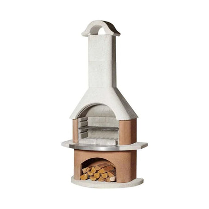Buschbeck Davos masonry barbecue cream and beige outdoor pizza oven with white chimney and wood storage compartment
