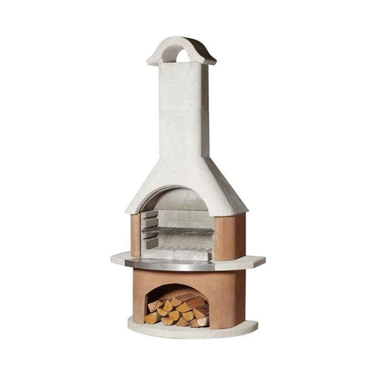Buschbeck Davos masonry barbecue cream and beige outdoor pizza oven with white chimney and wood storage compartment