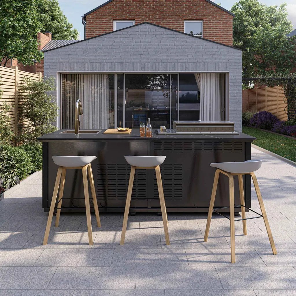 Buschbeck derby outdoor kitchen island in grey marbled ceramic finish with integrated sink and grill for outdoor use