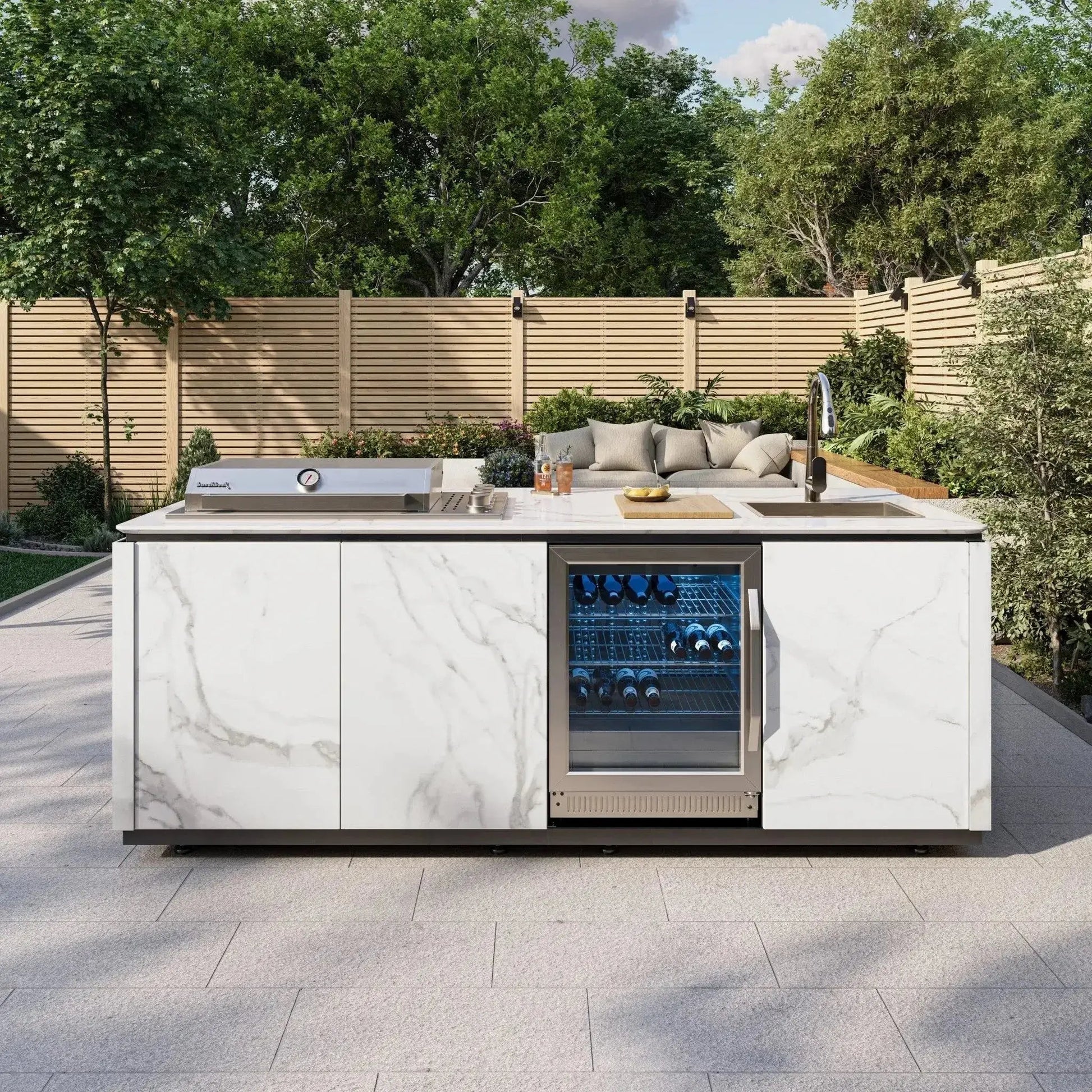 Buschbeck derby outdoor kitchen island with white marbled ceramic finish stainless steel countertop sink grill and wine fridge