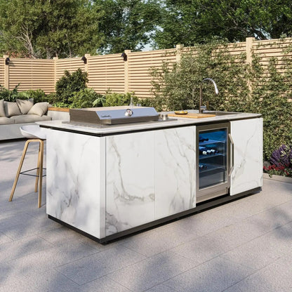 Buschbeck derby outdoor kitchen white marbled ceramic finish with integrated stainless steel grill and refrigerator