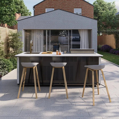 Modern outdoor bar stools with light wood legs and sleek gray seats for buschbeck derby outdoor kitchen white marbled ceramic finish