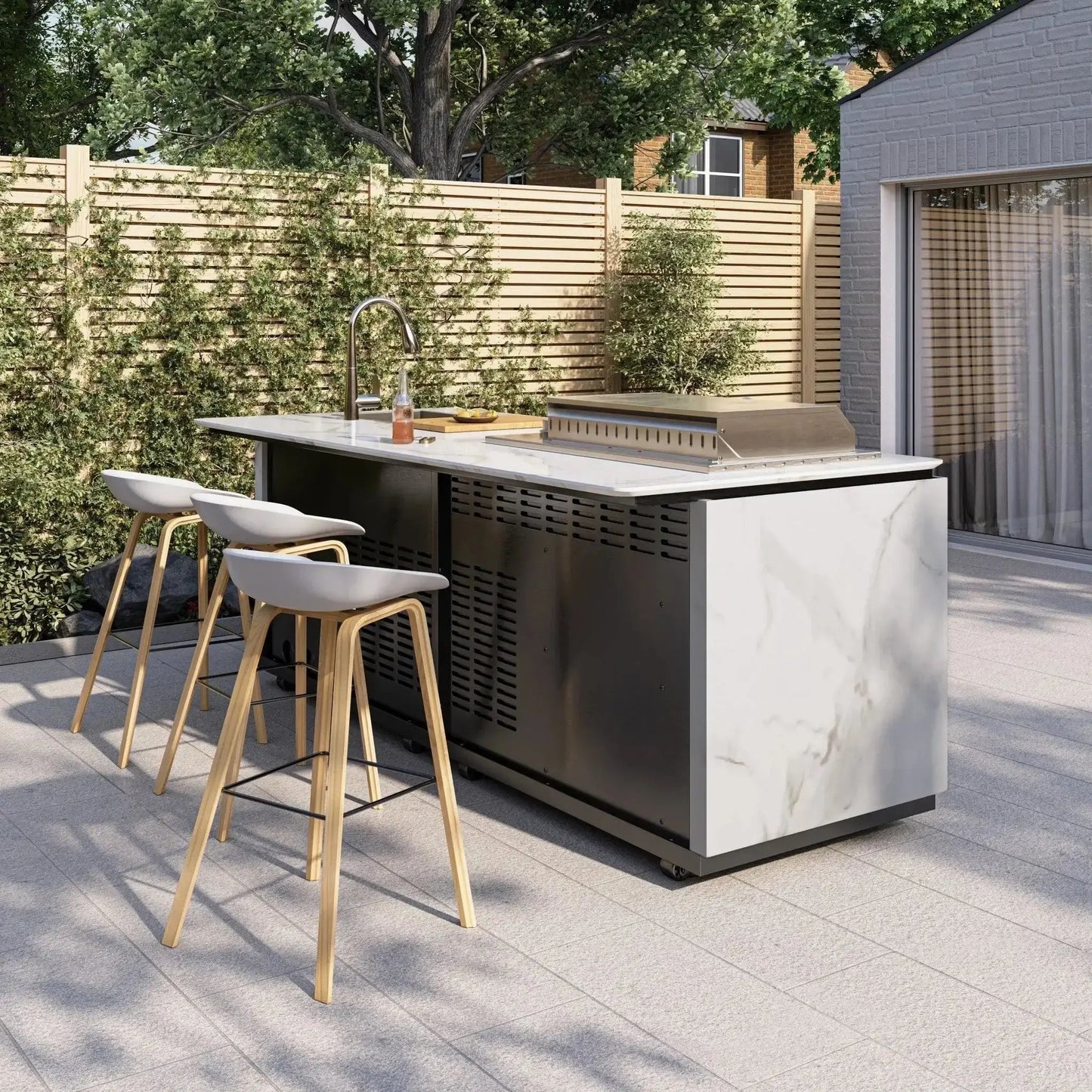Buschbeck Derby outdoor kitchen island with white marbled ceramic countertop and black vented stainless steel grill panels