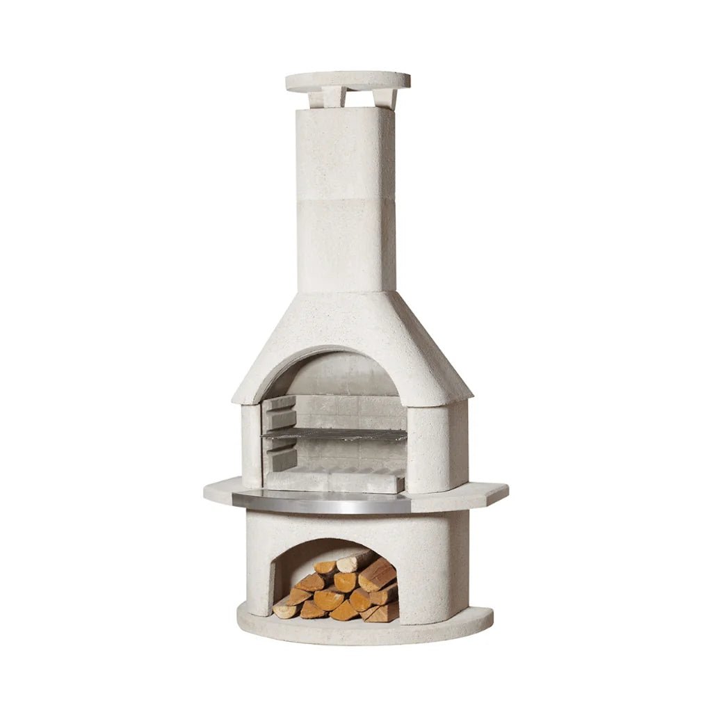 Buschbeck elba masonry barbecue white concrete outdoor fireplace with chimney, metal grill rack, and firewood storage
