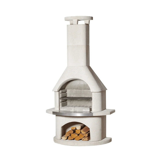 Buschbeck elba masonry barbecue white concrete outdoor fireplace with chimney, metal grill rack, and firewood storage