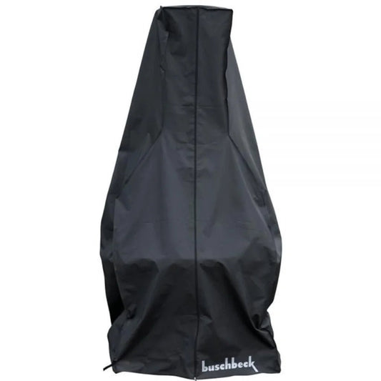 Black fabric grill cover with central seam and buschbeck logo designed for masonry bbq protection