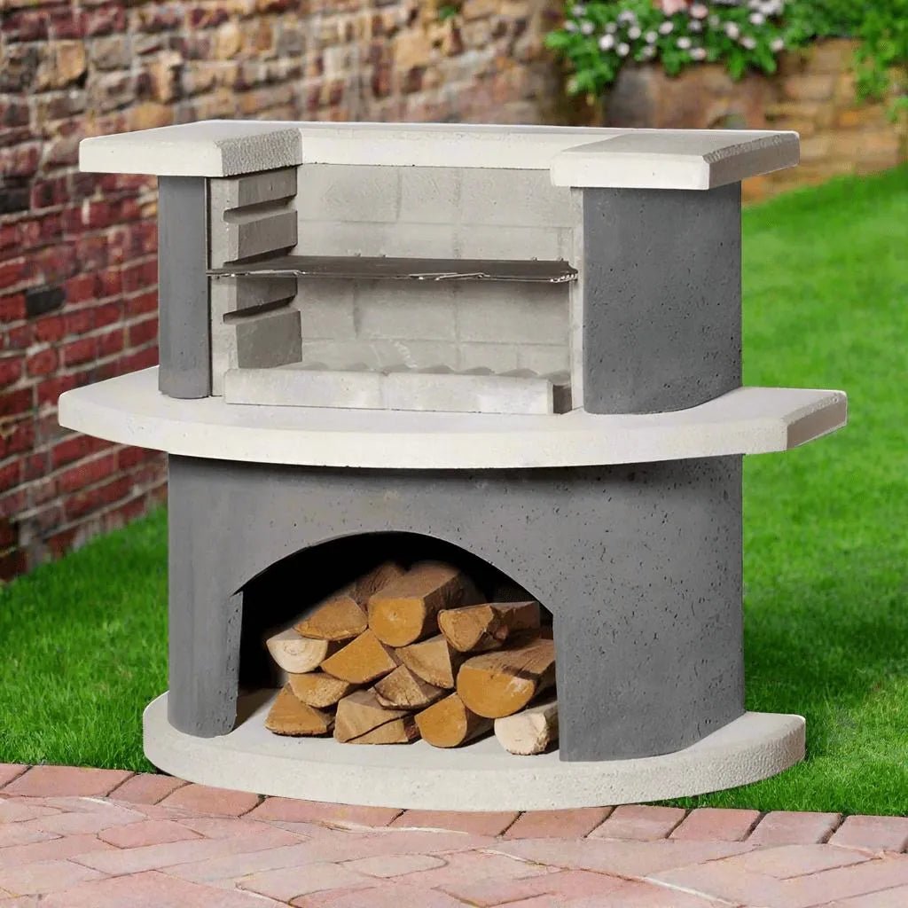Gray and white concrete Buschbeck Luzern Grill Bar masonry barbecue with built-in wood storage for outdoor grilling