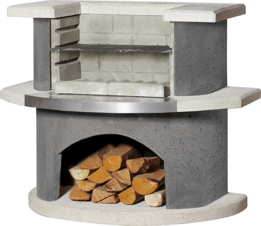 Buschbeck Luzern gray concrete outdoor masonry barbecue with built-in wood storage for grilling and fireplace use