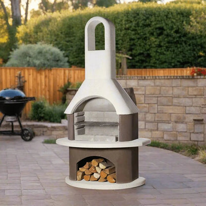 Buschbeck Milano masonry barbecue outdoor pizza oven in white and gray with arched opening and firewood storage