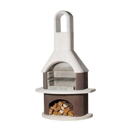 Buschbeck Milano masonry barbecue in white and brown concrete with handle, built-in grill rack, and wood storage compartment