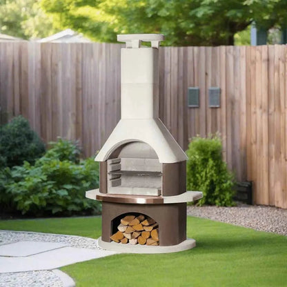 Buschbeck San Remo masonry barbecue cream and brown outdoor pizza oven with chimney grill rack and wood storage compartment
