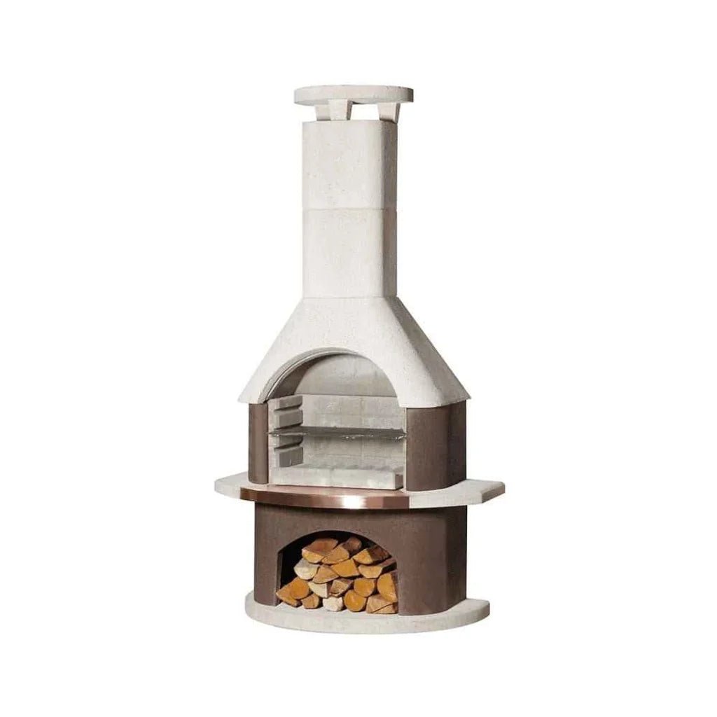 Buschbeck san remo masonry barbecue with white and brown outdoor pizza oven chimney glass door and wood storage compartment