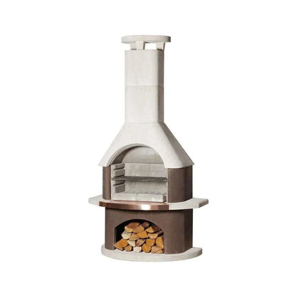 Buschbeck san remo masonry barbecue with white and brown outdoor pizza oven chimney glass door and wood storage compartment