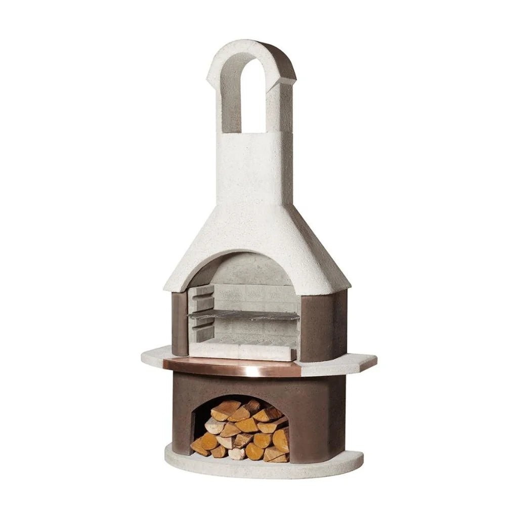 Buschbeck st moritz masonry barbecue outdoor pizza oven with white and brown body and copper countertop