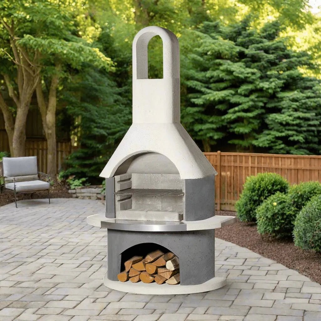 Modern outdoor pizza oven buschbeck stockholm masonry barbecue in gray and white concrete with grill and firewood storage