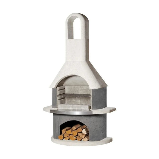 Buschbeck Stockholm masonry barbecue outdoor pizza oven in white and gray concrete with arched cooking opening and firewood storage