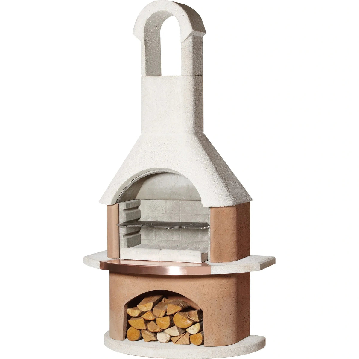Buschbeck Toscana masonry barbecue cream terracotta pizza oven with white chimney stainless steel grill and wood storage