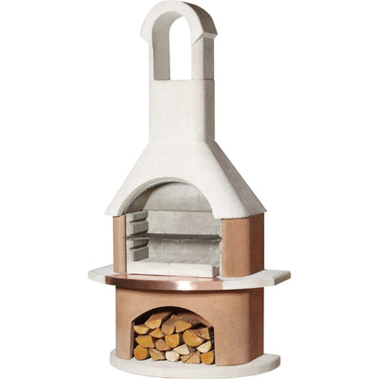 Buschbeck Toscana masonry barbecue cream terracotta pizza oven with white chimney stainless steel grill and wood storage