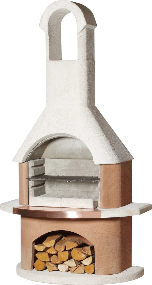 Buschbeck Toscana masonry barbecue outdoor pizza oven in white and copper with arched top grill rack and wood storage