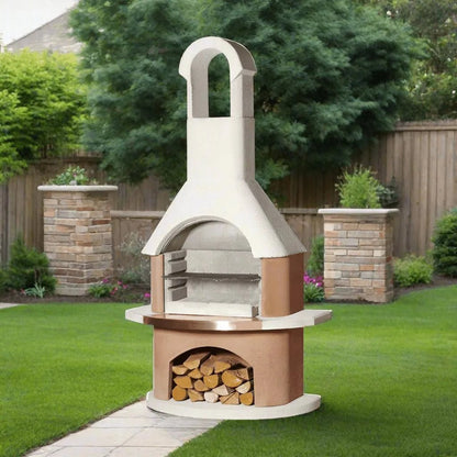 Beige and tan buschbeck toscana masonry barbecue outdoor pizza oven with curved chimney and stone finish