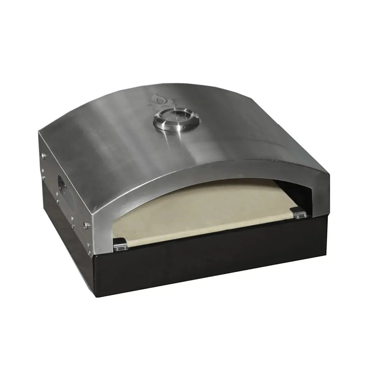 Buschbeck universal artisan outdoor pizza oven insert in stainless steel and black with curved lid and temperature gauge