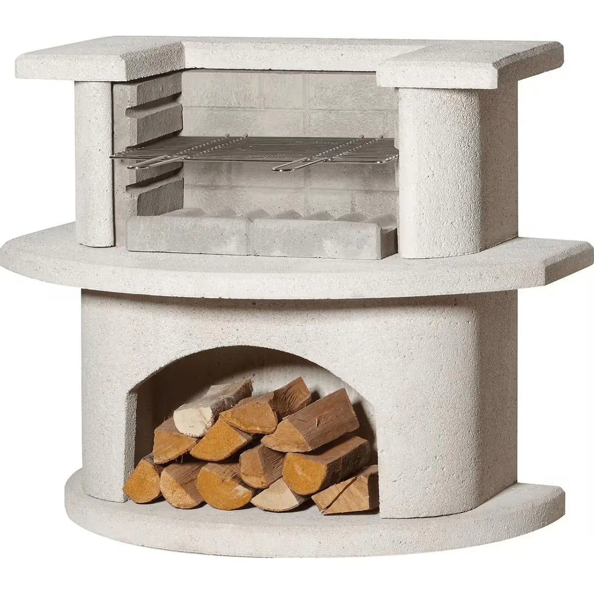 Beige stone buschbeck venedig grill bar with built-in wood storage compartment and metal grilling rack outdoors