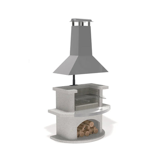 Gray concrete Buschbeck Venedig masonry barbecue with stainless steel chimney hood and built-in wood storage compartment