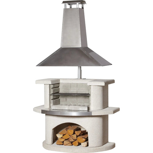 Buschbeck Venedig masonry barbecue with stainless steel hood white concrete chimney hood built-in oven wood storage