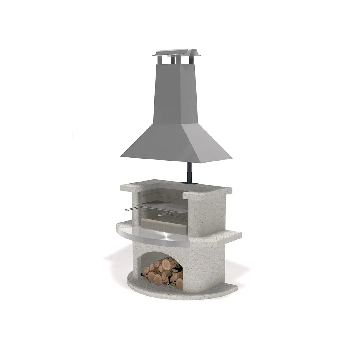Buschbeck Venedig masonry barbecue with stainless steel hood modern gray concrete outdoor grill with wood storage compartment