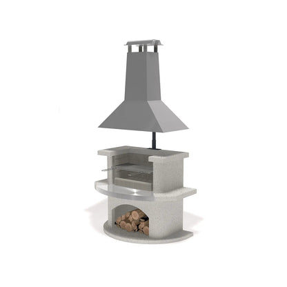 Buschbeck Venedig masonry barbecue with stainless steel hood modern gray concrete outdoor grill with wood storage compartment